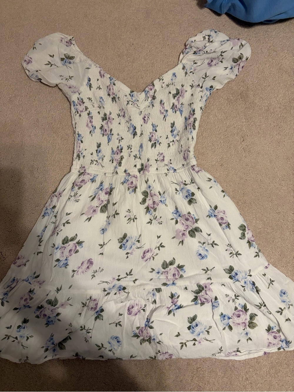 Hollister White Floral Smocked Dress with Purple & Blue Roses